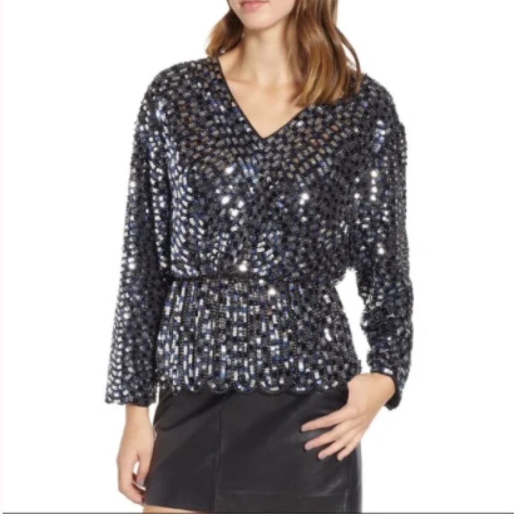 Prima Silver Sequined Blouson Long Sleeve Top Sz S